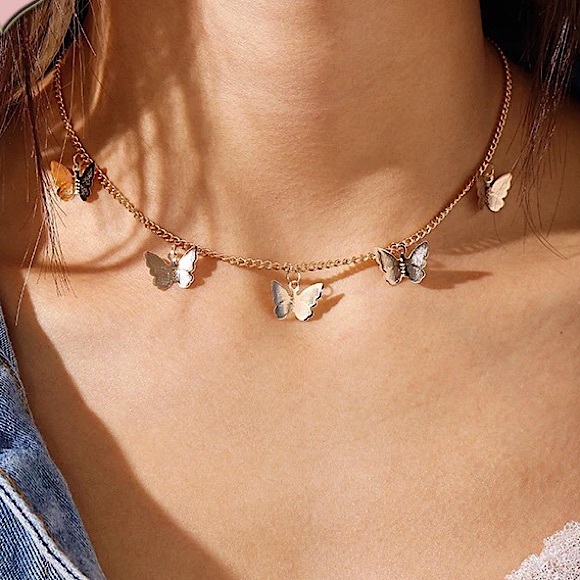 "Summer Bliss" Butterfly Hippie Festival Minimalist Gold Silver Choker Necklace - Picture 1 of 11